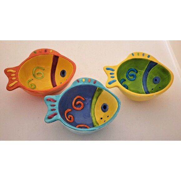 CONDIMENT/SERVING BOWLS-Colorful-Whimsical-Fish-Blue Yellow Green Orange-Set 3 - Picture 2 of 9